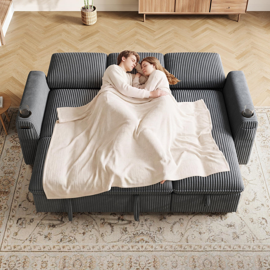 Sectional Sleeper Sofa with Pull Out Bed, Plush Corduroy Sectional Sofa with Storage Chaise and Adjustable Backrest