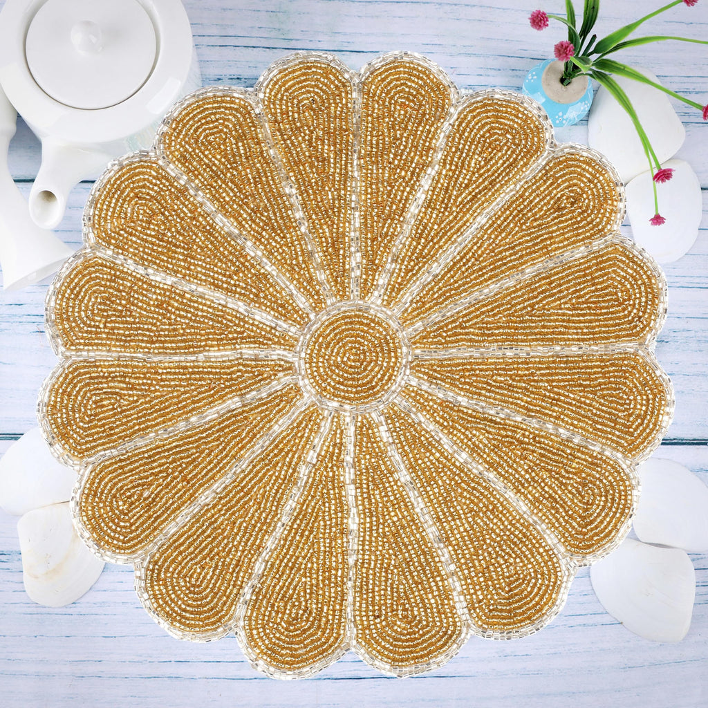 2-Pack Round Placemats, Glass Beads, Gold Silver, 13 Inch
