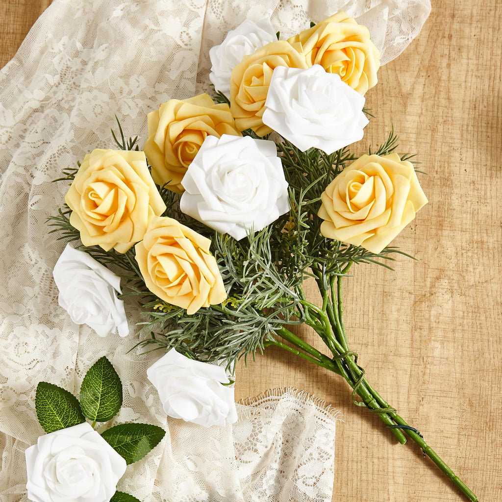 Artificial Flowers, 50pcs Yellow and White Artificial Rose for DIY
