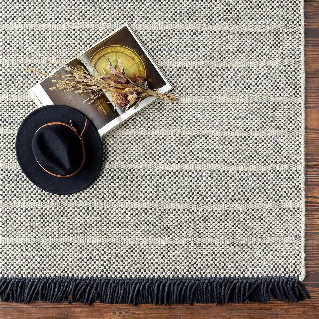 Thorold Wool Living Room, Bedroom Area Rug - Striped Woven Textured - Traditional Transitional Farmhouse Boho Modern