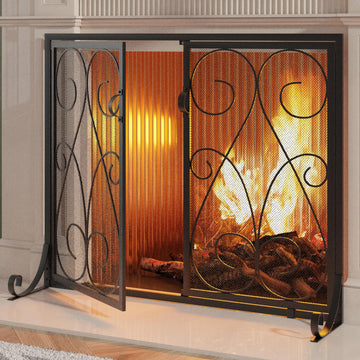 2-Panel Fireplace Screen with Doors Handcrafted Wrought Iron Decorative Mesh, Symmetric Scroll Fire Spark Guard-Black