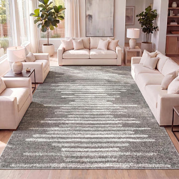 Aya Berber Stripe Geometric Gray/Cream Indoor Area Rug, Contemporary, Modern, Easy-Cleaning, Pet Friendly