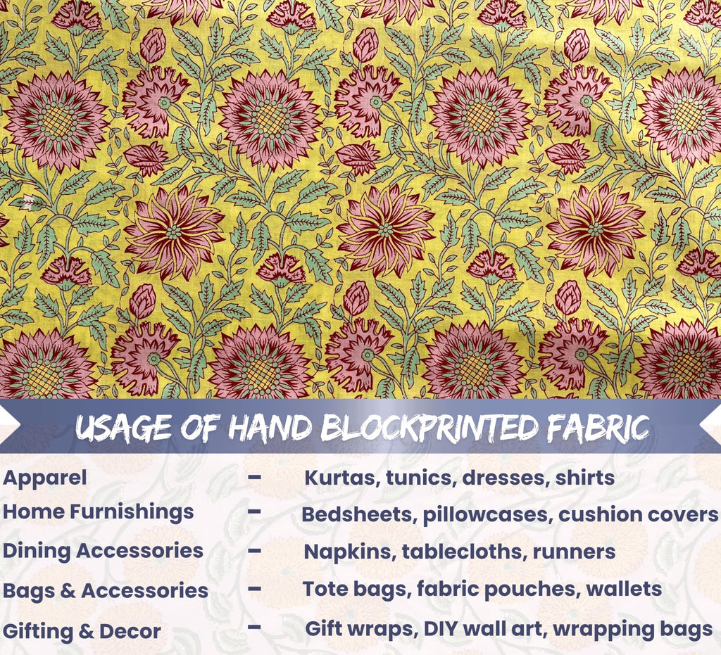 100% Cotton Fabric by the Yard, Hand Block Print Fabric for Sewing