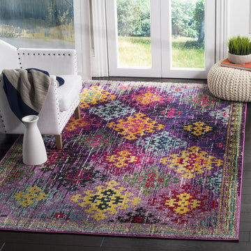 Monaco Collection Area Rug - 6'7" Square, Purple & Multi, Boho Diamond Trellis Design, Non-Shedding & Easy Care