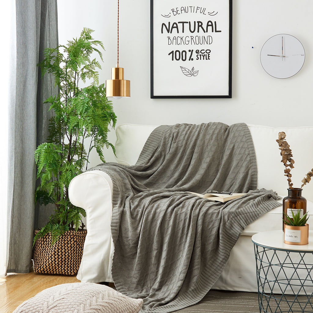 Cable Knit Cotton Light Grey Throw Blanket for Couch Sofa Beach Chair Bed Home Decorative Soft Warm Cozy Lightweight