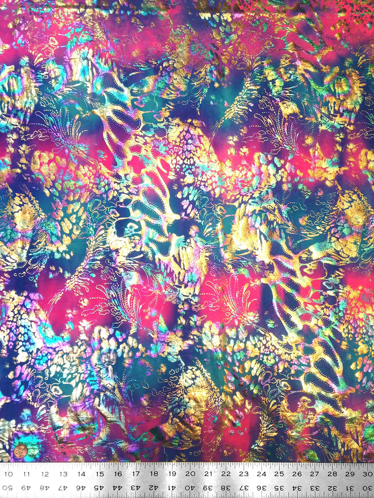 Shiny Rainbow Foil Abstract Pattern on Bright Crease Stretch Nylon Spandex Fabric by The Yard (Hot Pink/Turquoise)