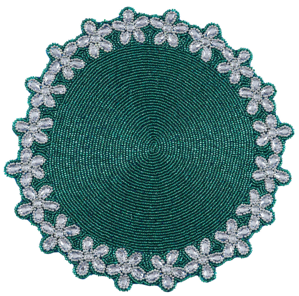 Beaded Placemats for Dining Table, 13 Inch Round, Handcrafted, Teal