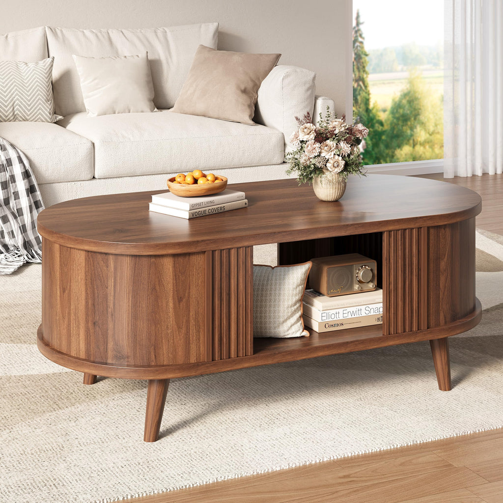 47.2" Oval Fluted Coffee Table with Storage, Fluted Mid-Century, Walnut