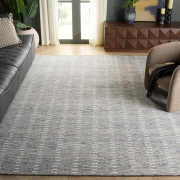 Abstract Area Rug - 9' x 12', Grey & Ivory, Handmade Wool & Chenille