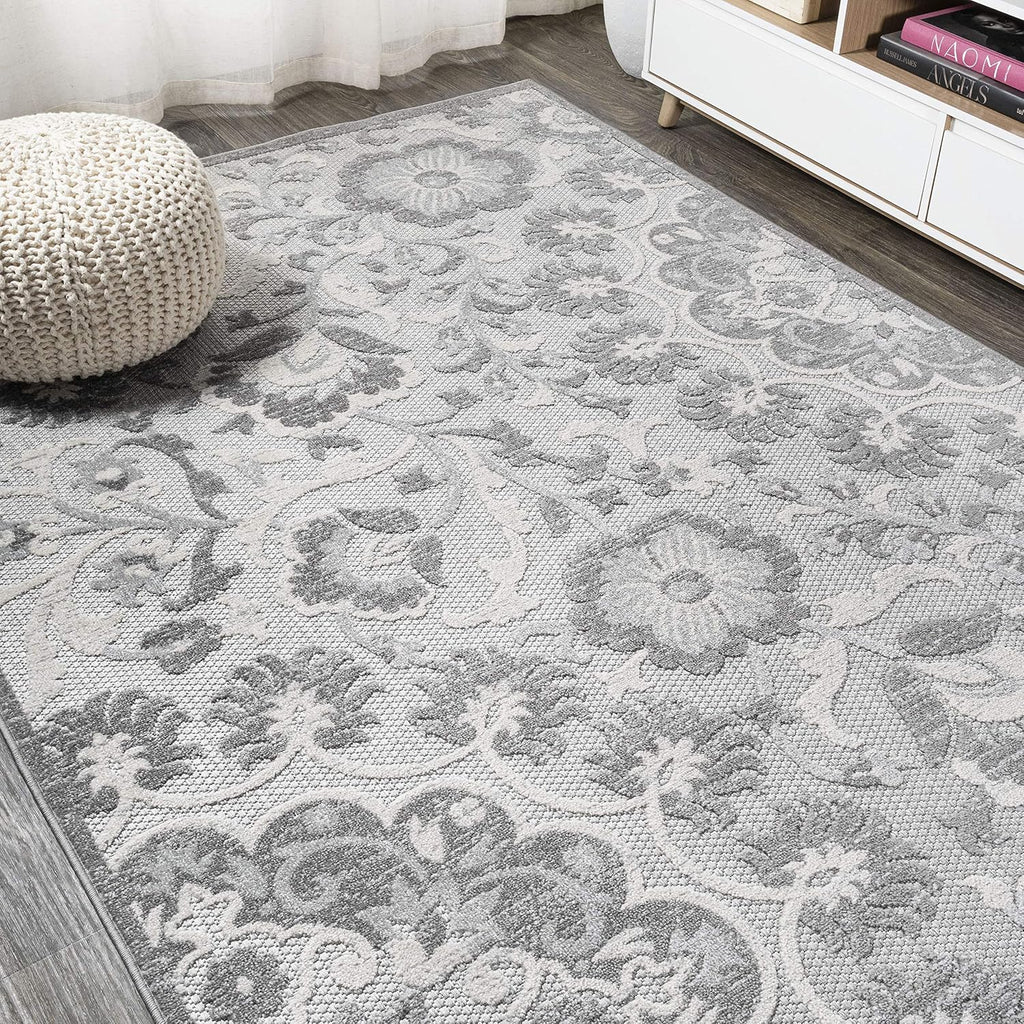 Medallion High-Low Indoor Outdoor Area Rug Light Gray/Ivory, Lucena Modern for Backyard, Patio, Porch