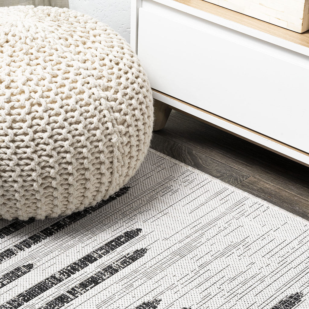 Stripe Geometric Indoor Outdoor Runner Rug 2X8 Ivory/Black, Zolak Berber for Backyard, Patio, Porch, Easy-Cleaning
