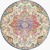 Area Rugs - 8ft Round Romaine Vintage Boho Fuchsia Mustard Blue Round Area Rug