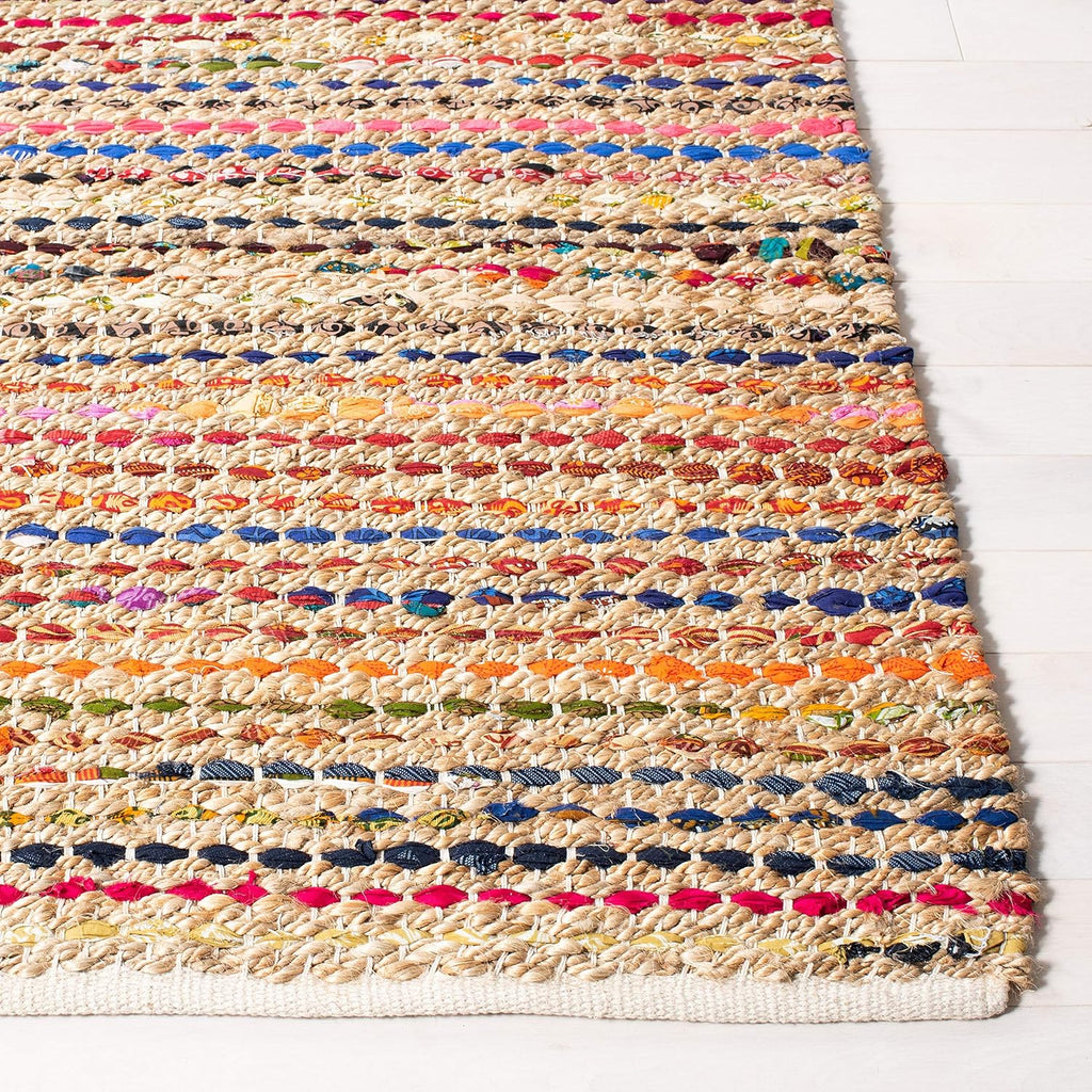Cape Cod Collection Area Rug - 6' Square, Natural & Multi, Handmade Boho Braided Jute, Ideal for High Traffic Areas