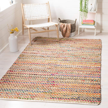 Cape Cod Collection Area Rug - 6' Square, Natural & Multi, Handmade Boho Braided Jute, Ideal for High Traffic Areas