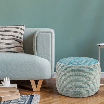 LR Home Indoor Polyester Modern Striped Ottoman Pouf | Aqua/White, 18" x 18" x 14"