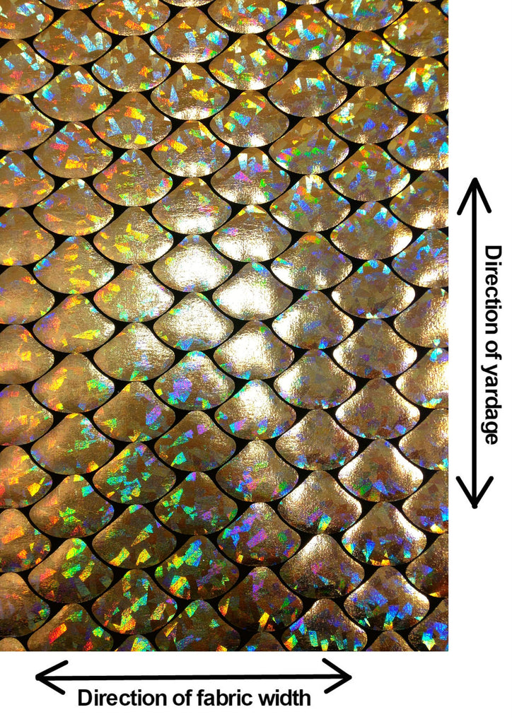 Shiny Holographic Foil Mermaid Scales Pattern on Black Stretch Nylon Spandex Shiny Tricot Fabric by The Yard (Gold)