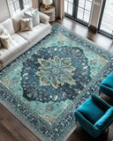 Area Rugs Washable Non-Slip, Floral Vintage Distress Print Pattern Medallion Carpet for Living Room Bedroom