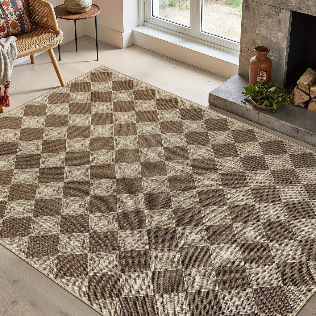5x7 Checkered Easy Jute Rug - Washable Non-Slip Indoor Outdoor Carpet, Brown Textured Diamond Pattern, Neutral Area