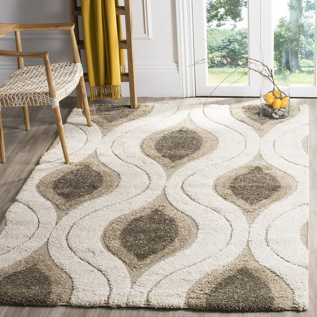 Florida Shag Collection Area Rug - 5'3" x 7'6", Cream & Smoke, Modern Ogee Design, Non-Shedding & Easy Care, 1.2-inch