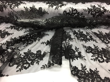 Textile Sequin lace Fabric with embroderies on mesh (1 Yard, Black)