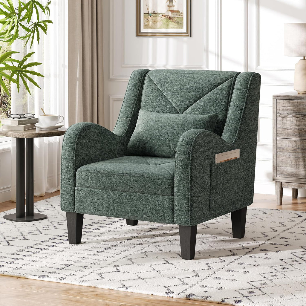 Chenille Accent Chair Bedroom Chair Comfy Reading Chair Upholstered Arm Chair, Single Sofa Chair with Lumbar Pillow