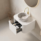 24-Inch Floating Bathroom Vanity with Sink, Solid Wood Fluted Cabinet, Marble-Pattern Ceramic Basin, Faux Marble Top, Soft-Close Drawer, White