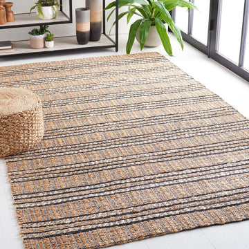 Natural Fiber Collection Area Rug - 6'6" Square, Navy & Natural, Handmade Flat Weave Stripe Jute & Cotton Jute, Ideal