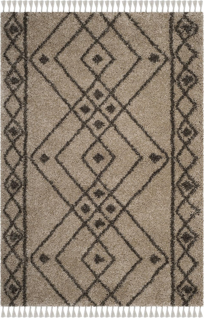 Moroccan Fringe Shag Collection Area Rug, Mushroom & Grey, Boho Tribal, Non-Shedding & Easy Care
