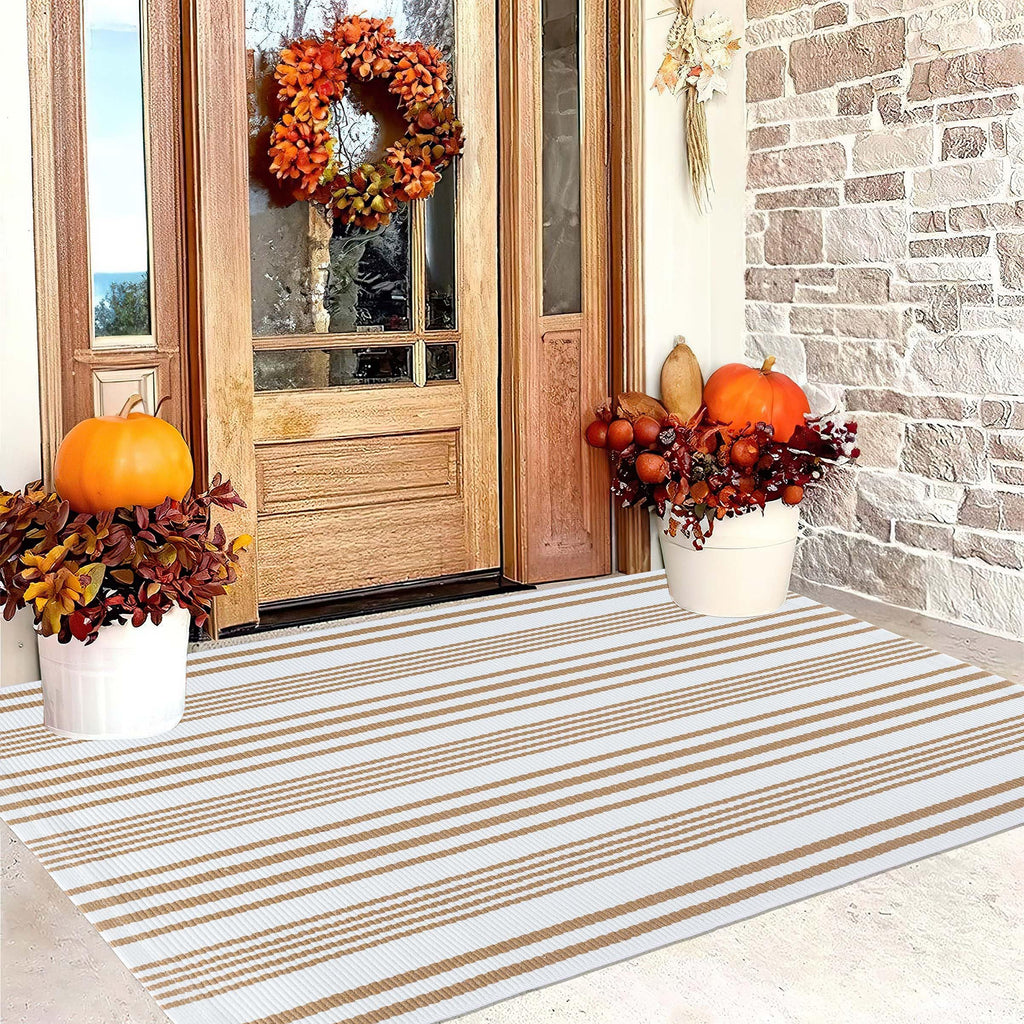 3'x 5'Outdoor Rug, Khaki White Striped Front Porch Mat Indoor Area Rug