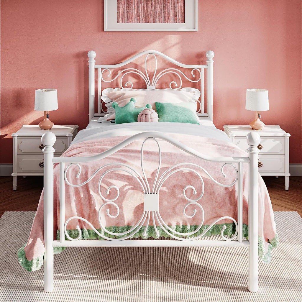 Twin Size Bed Frame for Kids,Metal Bed Frame with Butterfly Pattern Design Headboard & Footboard,No Box Spring