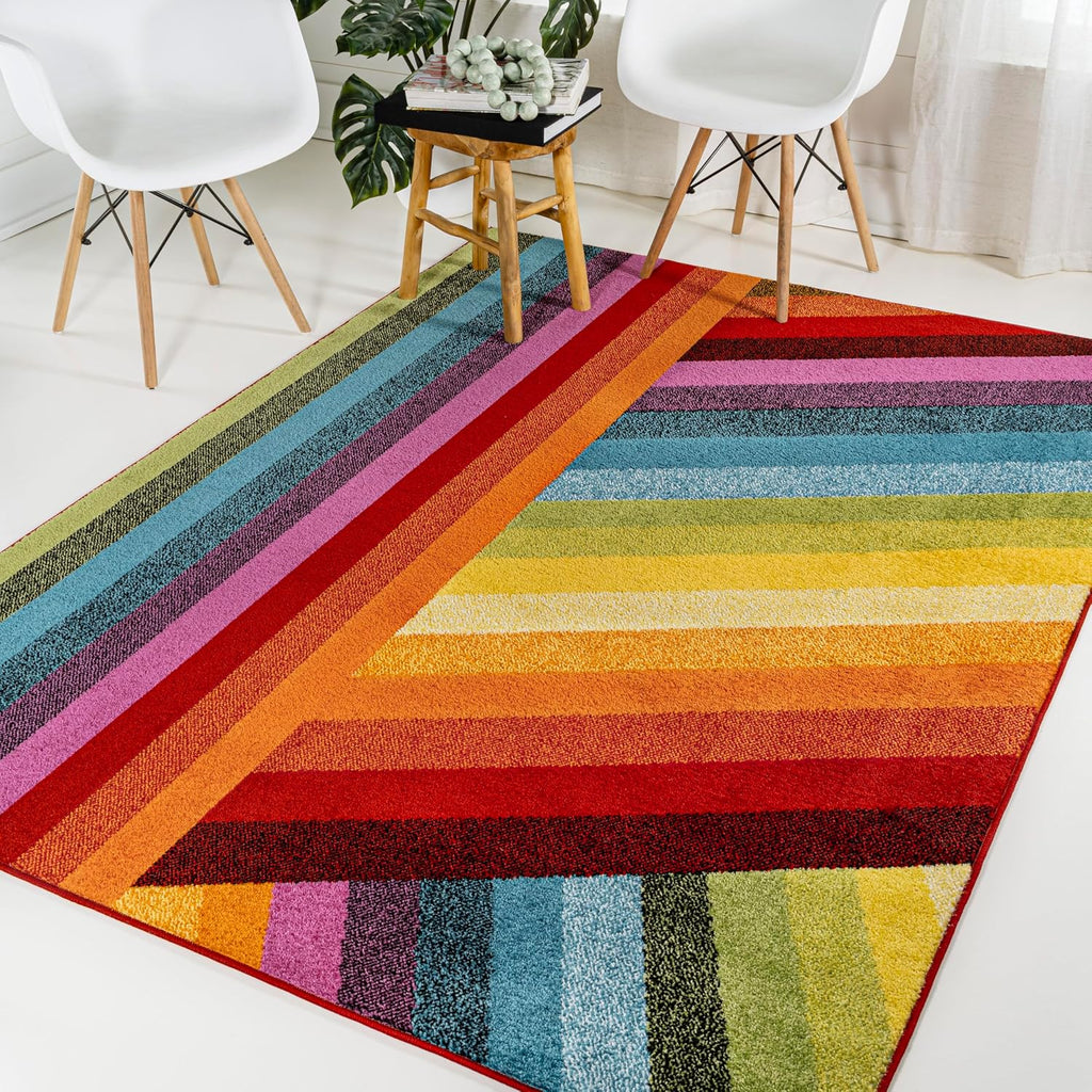 Retro Rainbow Stripe Multi Indoor Area Rug, Contemporary, Casual, Coastal, Easy-Cleaning, Pet Friendly