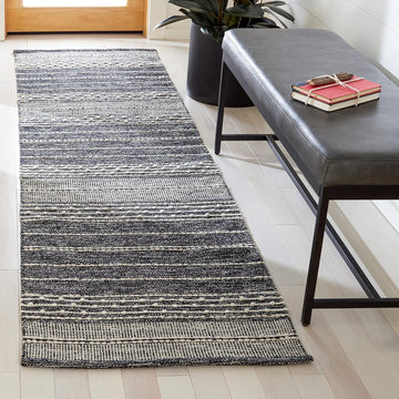 Striped Kilim Collection Runner Rug, Black & Ivory, Handmade Flat Weave Cotton, Ideal for High Traffic