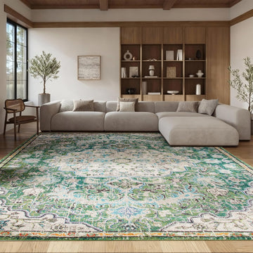 Madison X-Large Area Rug - 12' x 15', Green & Turquoise, Medallion Distressed Design, Non-Shedding & Easy Care