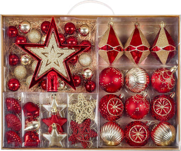 Ornaments for Christmas Trees, 70ct Red and Gold Shatterproof Christmas Tree Decorations, Luxury Hanging Ball