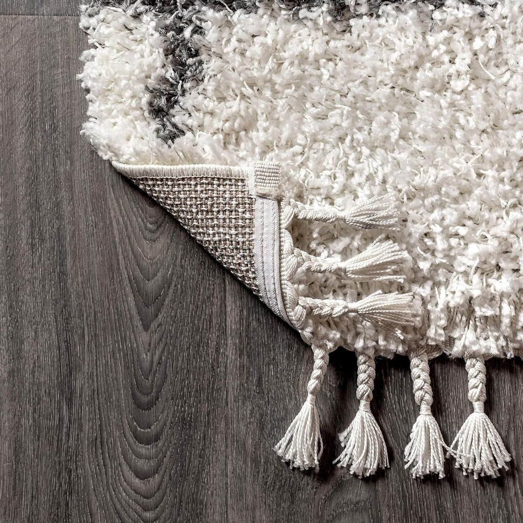 Mercer Shag Plush Tassel Ivory/Gray Indoor Area Rug, 3x5, Moroccan Geometric Trellis, Easy-Cleaning