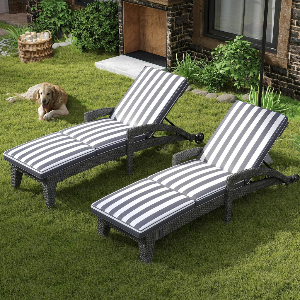 Patio Chaise Lounge Set of 2, Wicker Lounge Chairs Outdoor with Wheels, Wicker Chaise Lounges with Armrests All