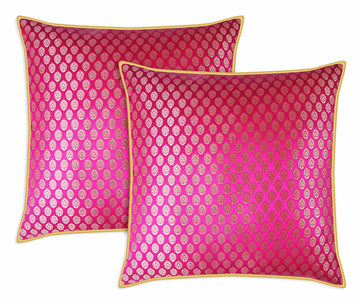 Damask Throw Pillow Covers - Pack of 2 Faux Silk Brocade Decorative Pillows - Fuchsia/Magenta 18x18 Inch - Indian