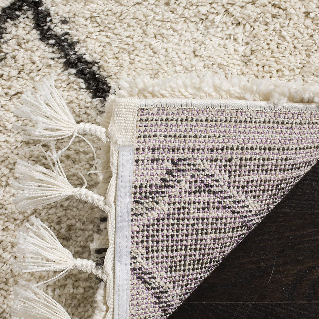 Moroccan Fringe Shag Collection Runner Rug, Cream & Charcoal, Boho Trellis, Non-Shedding & Easy Care