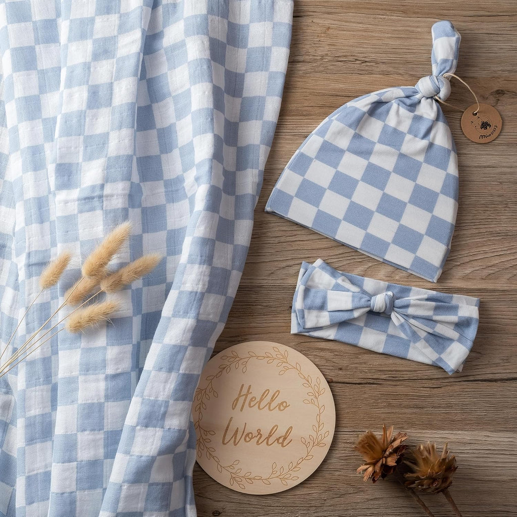 Checkered Muslin Swaddle Set, 100% Organic Cotton, Mist Blue,Checkerboard, Gender-Neutral, with Matching Bow, hat