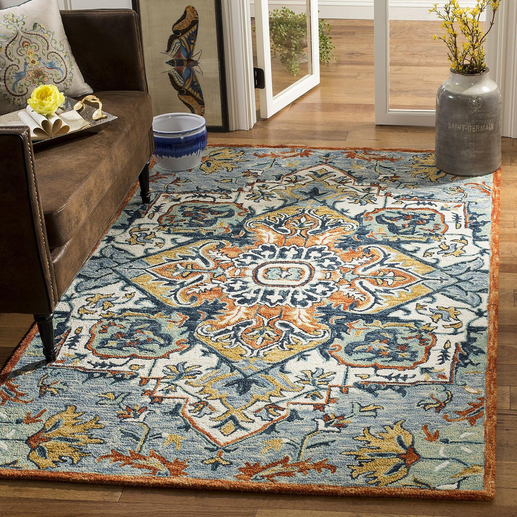 Area Rug 8x10 - Aspen - Large - Blue & Rust, Handmade Wool, Boho Design