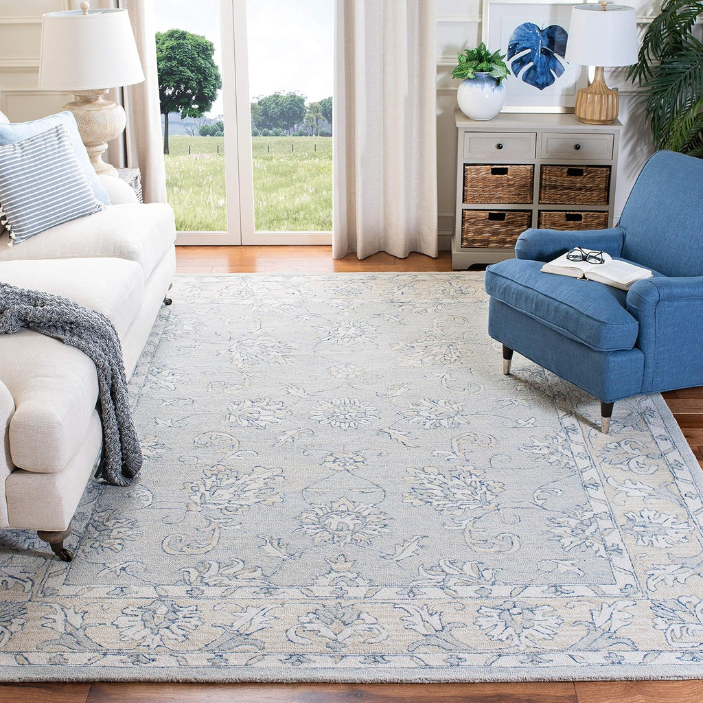 Micro-Loop Area Rug - 9' x 12', Blue & Beige, Handmade Wool