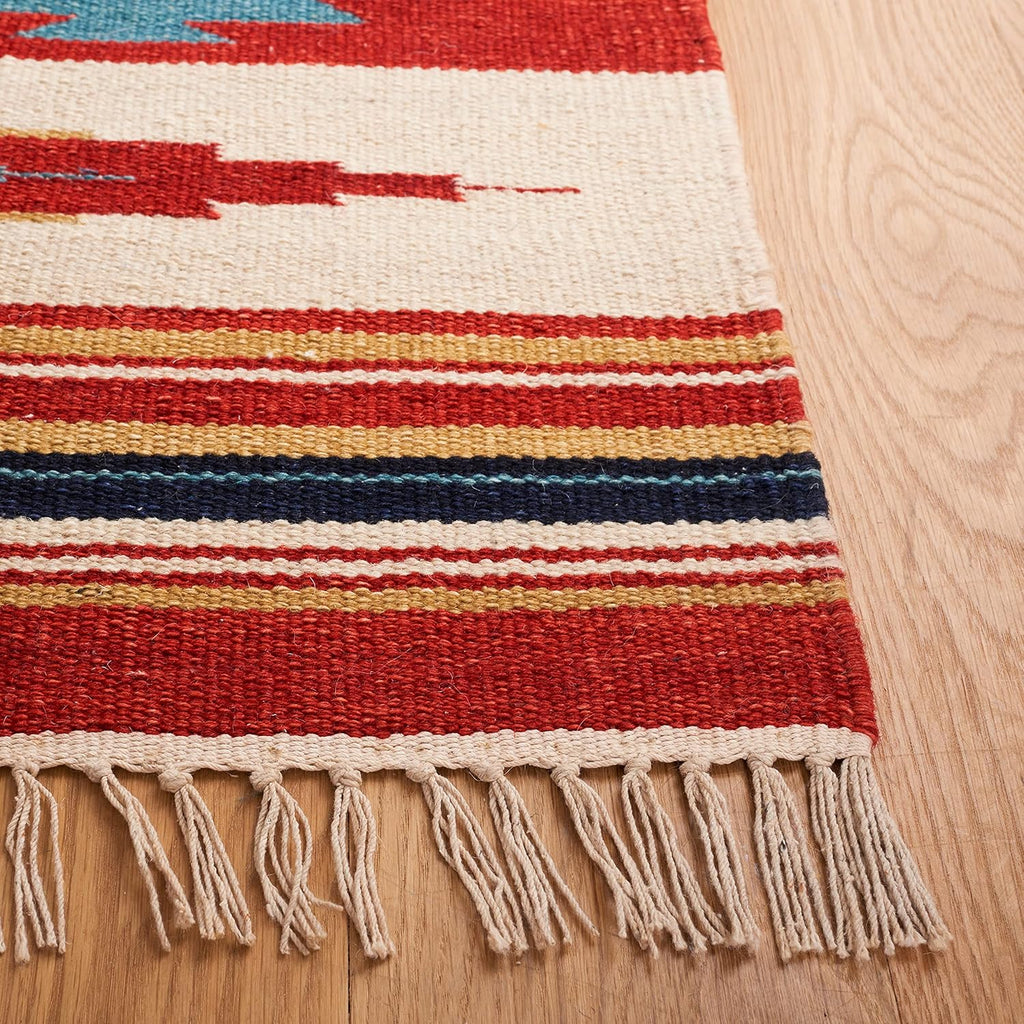 Kilim Collection Area Rug, Beige & Red, Handmade Flat Weave Wool, Ideal for High Traffic Areas (KLM712A)