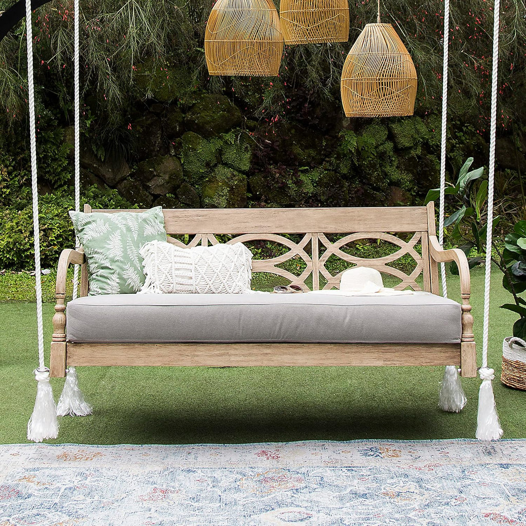 Renley 5.6 FT Mahogany Porch Swing Daybed with Oyster Cushion, Lime Wash Finish, Turned Detail, Weather-Resistant