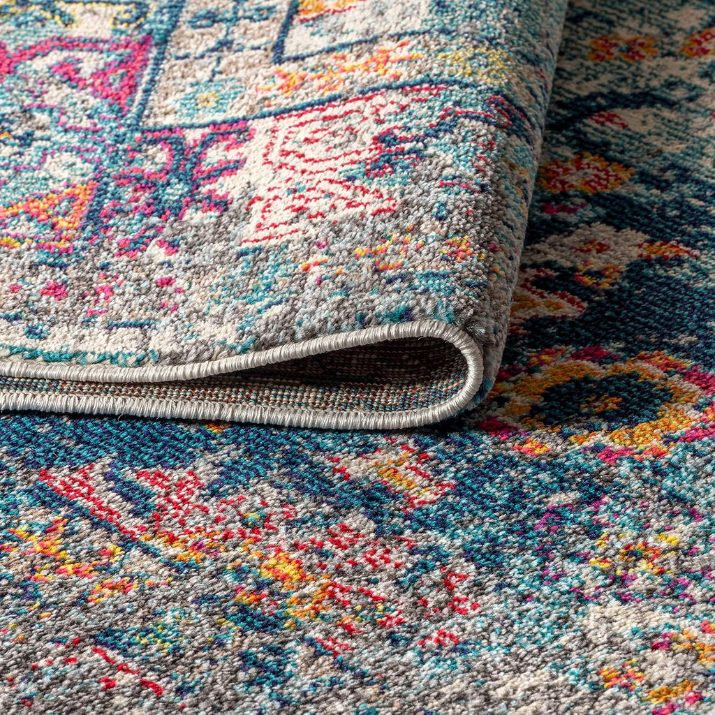 Boho Vintage Navy/Cream Indoor Area Rug, Bohemian Flair Medallion, Chic, Floral, High Traffic, Pet Friendly