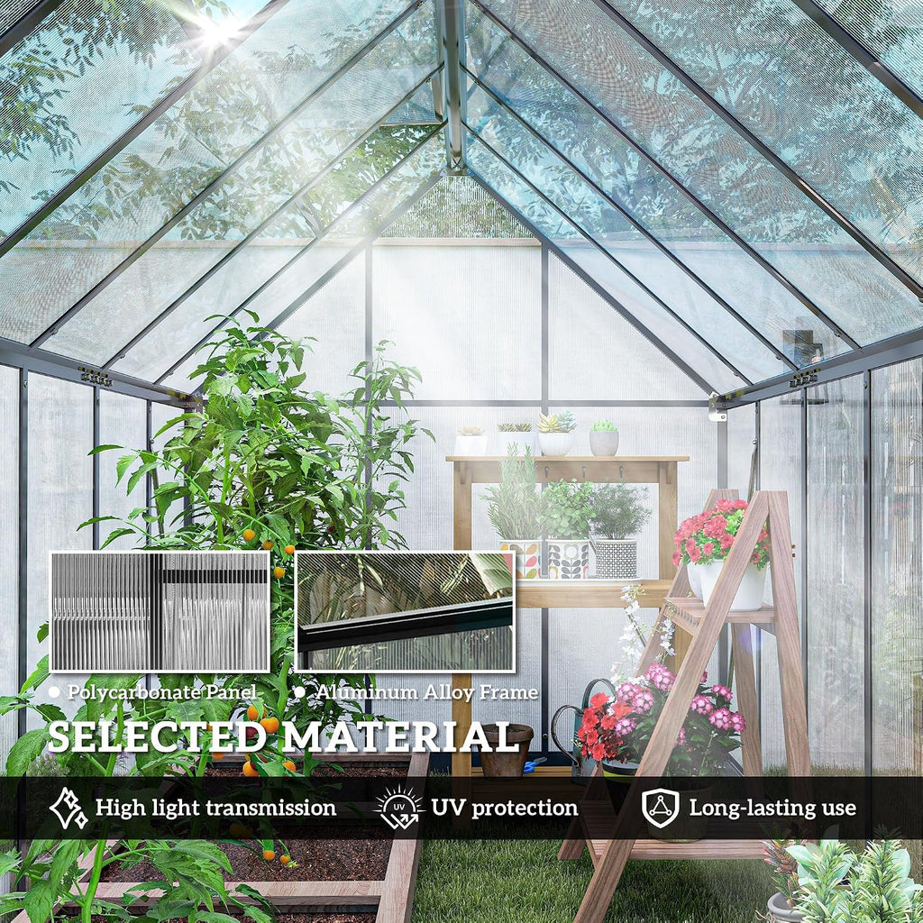 11x6 ft Polycarbonate Greenhouse with Swing Door, Black | Two Adjustable Roof Vents, Aluminum Walk-in Hothouse