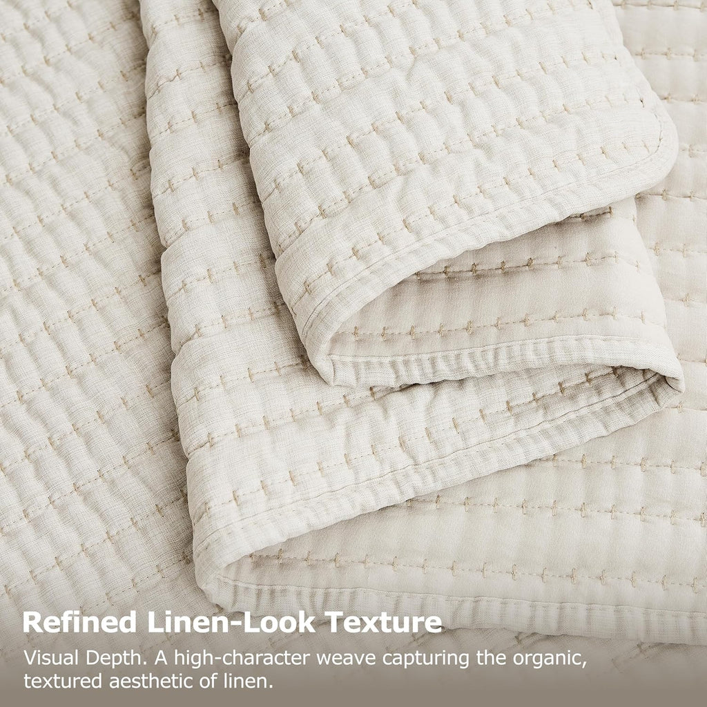 Beige Pick Stitch Queen Quilt Set, Striped Lightweight Soft Summer Spring Bedspread, Bamboo Linen Like Textured