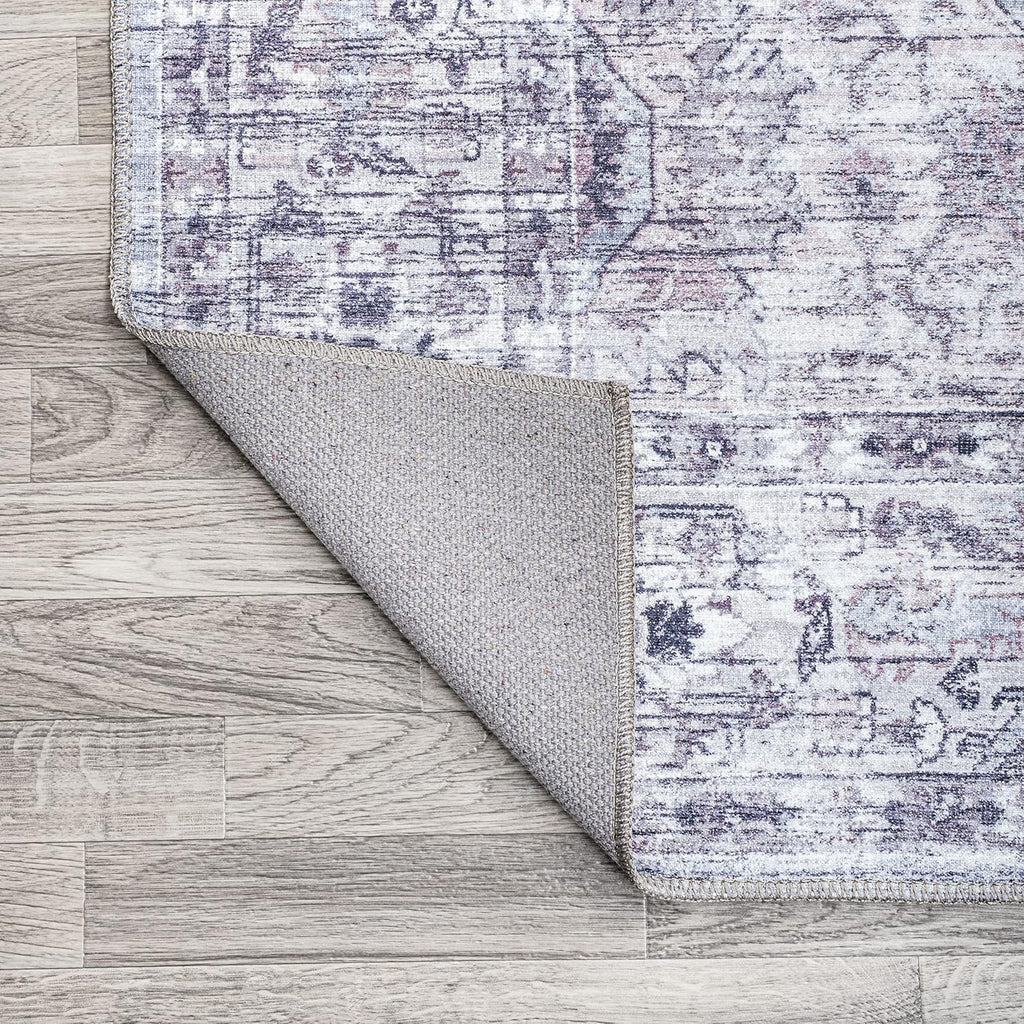 Machine Washable Gray/Purple Round Area Rug 8 ft, Didim Boho Medallion, Easy-Cleaning, High Traffic, Pet-Friendly