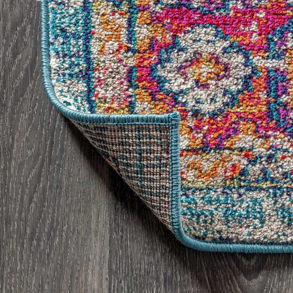 Vintage Boho Blue/Red Indoor Area Rug, Bohemian Flair Traditional Medallion, Floral Easy-Cleaning High Traffic