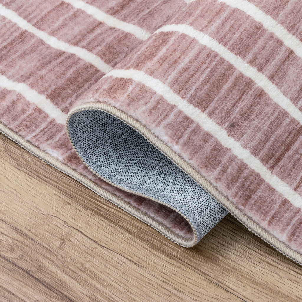 Washable Orton Distressed Ticking Stripe 2' x 8' Machine-Washable Polyester Runner Rug, Rose Clay and Cream