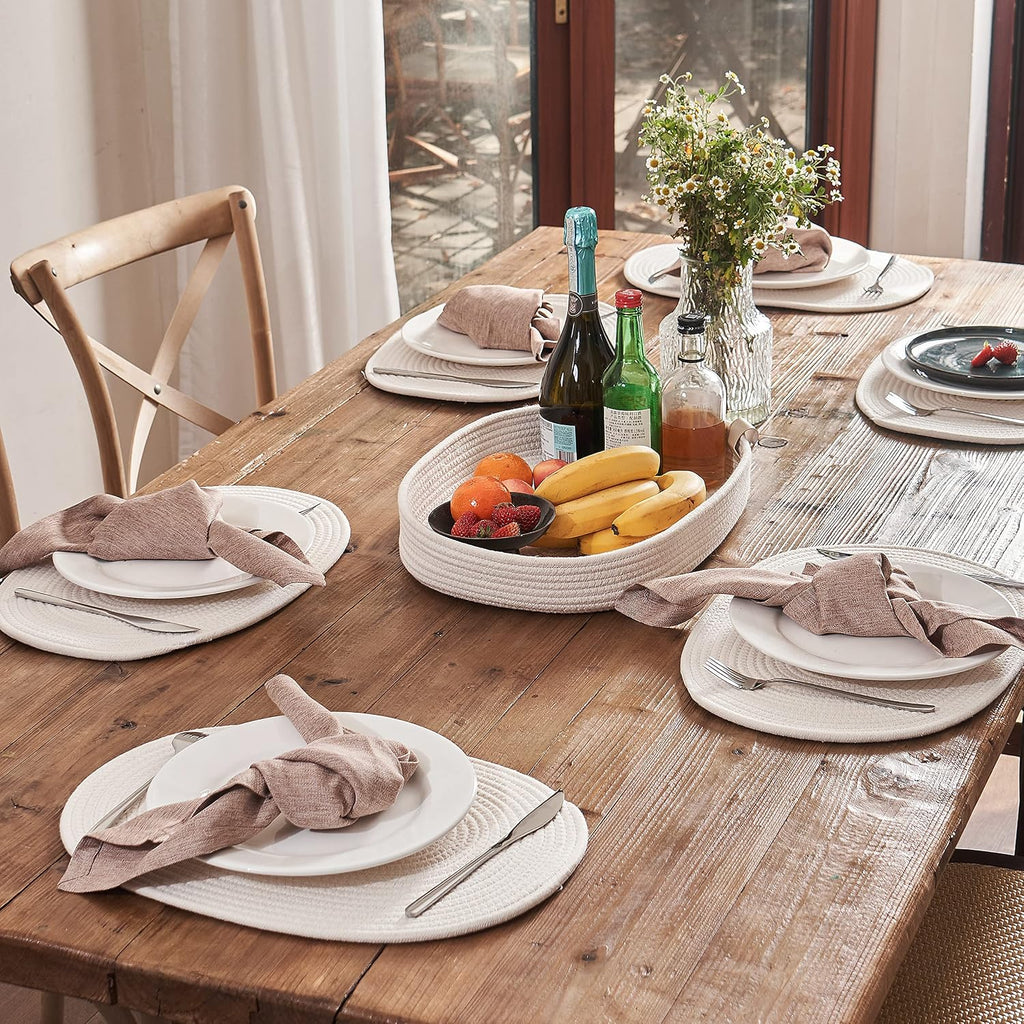 Oval Cotton Rope Placemats Set of 6 with Holder, Warm Ivory | 16 x 12 inch, machine washable, thick woven